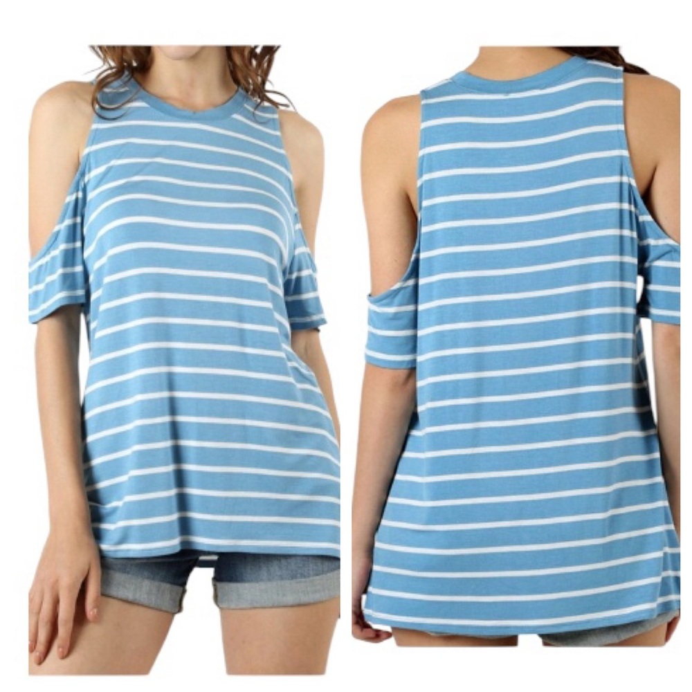 Zenana Outfitters Classic Cold-Shoulder Striped Top size large